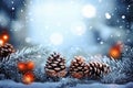 Winter Wonderland Greetings Snowy Fir Branch with Pine Cones and Twinkling Lights on Christmas Card. created with Generative AI Royalty Free Stock Photo