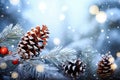Winter Wonderland Greetings Snowy Fir Branch with Pine Cones and Twinkling Lights on Christmas Card. created with Generative AI Royalty Free Stock Photo