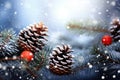 Winter Wonderland Greetings Snowy Fir Branch with Pine Cones and Twinkling Lights on Christmas Card. created with Generative AI Royalty Free Stock Photo