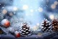 Winter Wonderland Greetings Snowy Fir Branch with Pine Cones and Twinkling Lights on Christmas Card. created with Generative AI Royalty Free Stock Photo