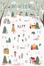 Winter wonderland landscape background at night with people celebration and kids having fun at park in village.Vector illustration Royalty Free Stock Photo