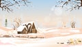 Winter wonderland landscape with farm fields,farm house and sunrise,Vector cartoon seasonal in countryside with bokeh sunlight,