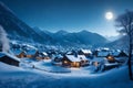 A winter wonderland landscape featuring a snow-covered village nestled in the mountains. The soft moonlight reflects off the