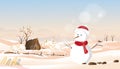 Winter wonderland landscape with snow man and wood barn in farm fields,Vector Cute cartoon seasonal in countryside with bokeh