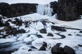 Winter wonderland panorama of frozen waterfall Oxararfoss Oxara river Almannagja in Thingvellir National Park Iceland Royalty Free Stock Photo
