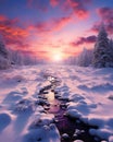 Winter wonderland pink colors magical sky snow sunrise Generative AI