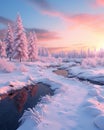 Winter wonderland pink colors magical sky snow sunrise Generative AI