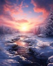 Winter wonderland pink colors magical sky snow sunrise Generative AI