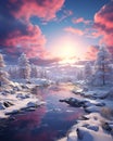 Winter wonderland pink colors magical sky snow sunrise Generative AI