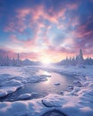 Winter wonderland pink colors magical sky snow sunrise Generative AI