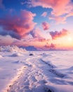 Winter wonderland pink colors magical sky snow sunrise Generative AI