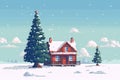 Winter Wonderland: Pixel Art Illustration of Christmas Tree and Snowy House. Perfect for Greeting Cards and Invitations. Royalty Free Stock Photo