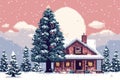 Winter Wonderland: Pixel Art Illustration of Christmas Tree and Snowy House. Perfect for Greeting Cards and Posters. Royalty Free Stock Photo
