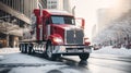 Winter Wonderland: Retro Red Truck in Frosty snow city Setting - Ai Generated