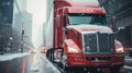 Winter Wonderland: Retro Red Truck in Frosty snow city Setting - Ai Generated