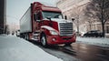 Winter Wonderland: Retro Red Truck in Frosty snow city Setting - Ai Generated