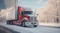 Winter Wonderland: Retro Red Truck in Frosty snow city Setting - Ai Generated