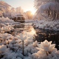 A winter wonderland scene, such as a frozen lake or a field of snow-covered flowers, capturing th Royalty Free Stock Photo