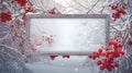 Winter Wonderland: Snow-Covered Board Frame Framed by Branches with Red Berries Covered in Frost AI Generated