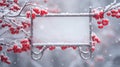 Winter Wonderland: Snow-Covered Board Frame Framed by Branches with Red Berries Covered in Frost AI Generated AI Generated