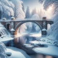 Winter Wonderland: Snow-Covered Bridge over Icy River Royalty Free Stock Photo