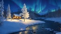 A winter wonderland with snow-covered cottages, a frozen river Royalty Free Stock Photo
