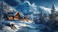 A winter wonderland of snow-covered mountains and a cozy cabin Royalty Free Stock Photo