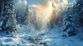 A winter wonderland of snow-covered trees and a frozen river with bright sun rays shining through the forest Royalty Free Stock Photo