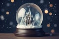 Winter Wonderland Snow Globe with a Snowy Landscape and Enchanting Castle, AI