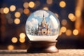 Winter Wonderland Snow Globe with a Snowy Landscape and Enchanting Castle, AI