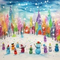 A winter wonderland with snowmen and igloos, in a kids crayon art style Royalty Free Stock Photo