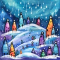 A winter wonderland with snowmen and igloos, in a kids crayon art style Royalty Free Stock Photo