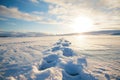 Winter Wonderland: Snowy Landscape with Footprints at Sunrise, AI Generated