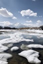 Winter Wonderland: A Snowy Mountain Landscape with a Frozen Lake Under a Clear Blue Sky, ai generative Royalty Free Stock Photo