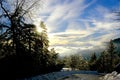 Winter wonderland sunset on a snowy mountain top. Royalty Free Stock Photo