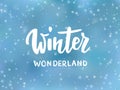 Winter wonderland text, hand drawn brush lettering. Holiday greetings quote. Blue background with falling snow effect.