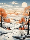 Winter Wonderland: A Vibrant Retro Illustration of a Snowy Villa