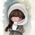 Winter Wonderland - Watercolor Portrait of a Girl in the Snow with a Coffee Cup