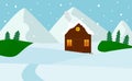 Winter wooden House Snow Forest mountains Flat Vector Royalty Free Stock Photo