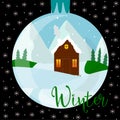 Winter wooden House Snow Forest mountains Flat Vector Royalty Free Stock Photo