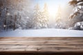 Winter wooden table on a frosty day with snow and free space Royalty Free Stock Photo