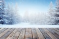 Winter wooden table on a frosty day with snow and free space Royalty Free Stock Photo