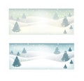 Winter woodland landscape with spruce fir trees and snowflakes, white, green and blue silhouettes. Vector Royalty Free Stock Photo