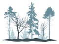 Winter woodland, silhouette of bare tree, spruce, pine. Beautiful nature, landscape. Vector illustration Royalty Free Stock Photo