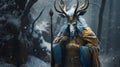 Winter Woods: A Cinematic Montage Of A Horned Deity In Detailed Gold And Azure Costume