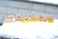 Winter word composed of Russian language wooden letters train cars on the white snow. holiday decorations. Royalty Free Stock Photo