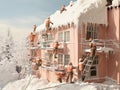 Winter Workers in Santa Caps Transforming a Pastel Pink House