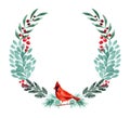 Winter wreath with green foliage red berries and cardinal bird. Hand painted watercolor. Royalty Free Stock Photo