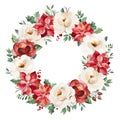 Winter wreath with leaves,branches,white flowers,berries,holly,poinsettia