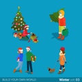 Winter young happy people family flat vector isometric 3d Royalty Free Stock Photo